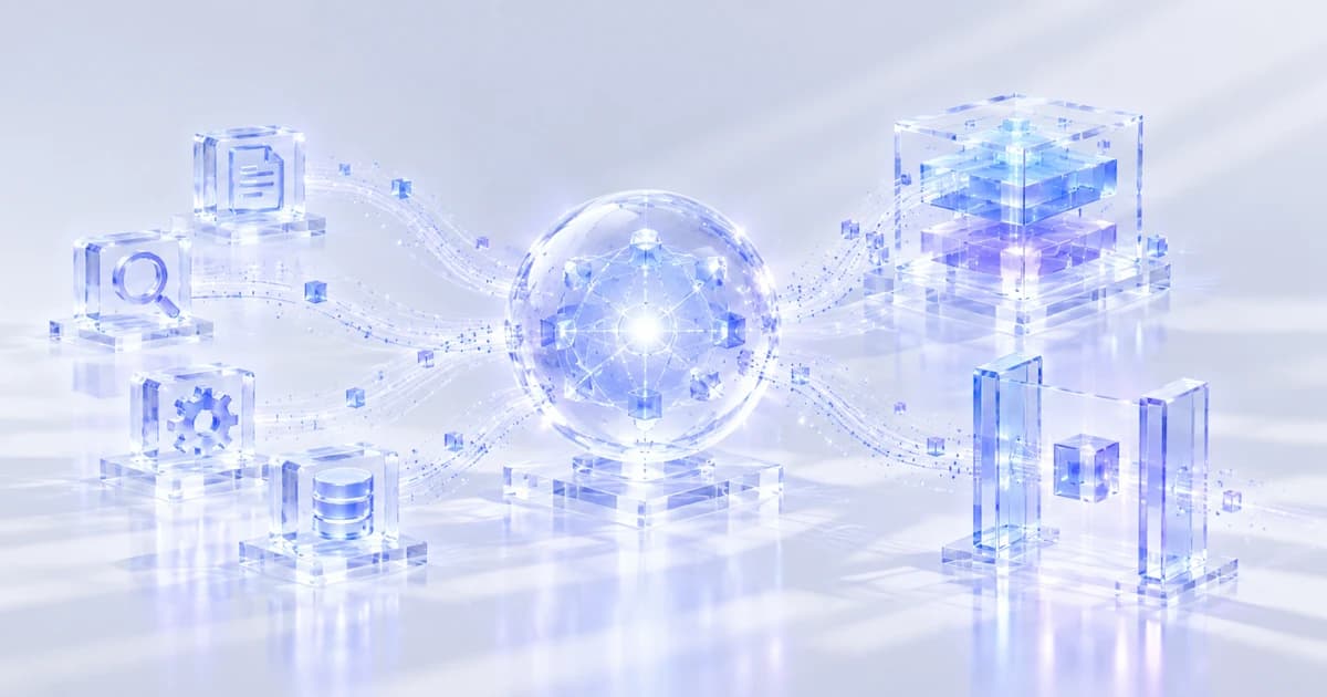 Glass reasoning sphere connected to tool blocks, a layered cube and a review gate.