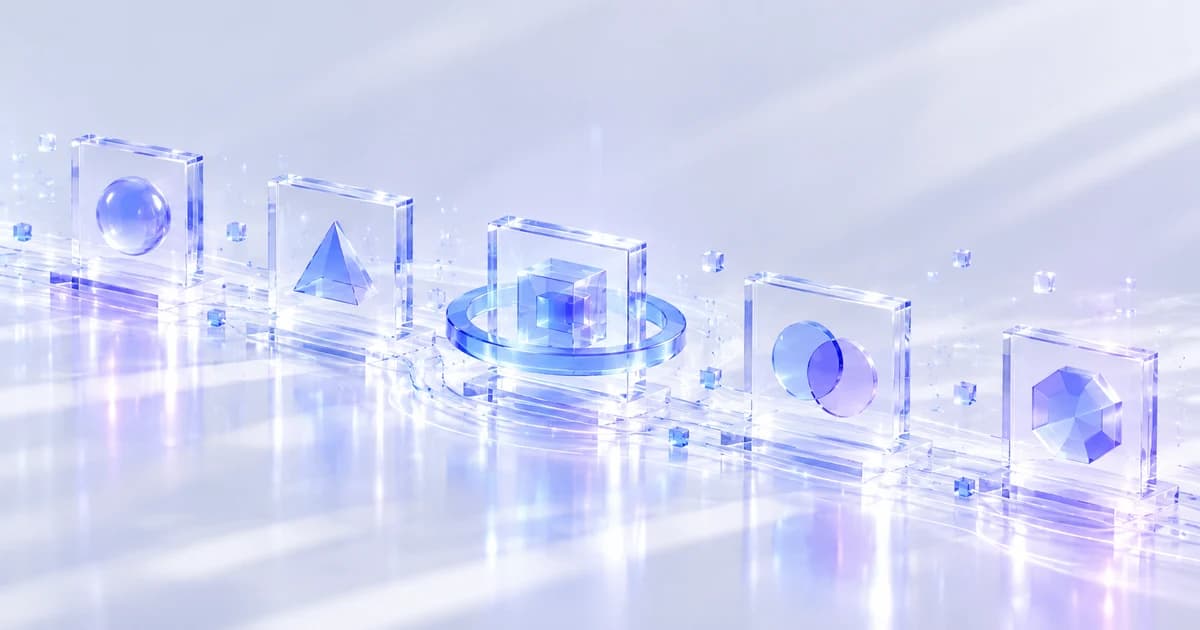 Clear glass frames along a curved path, with abstract pieces inside and a blue ring around a central frame.