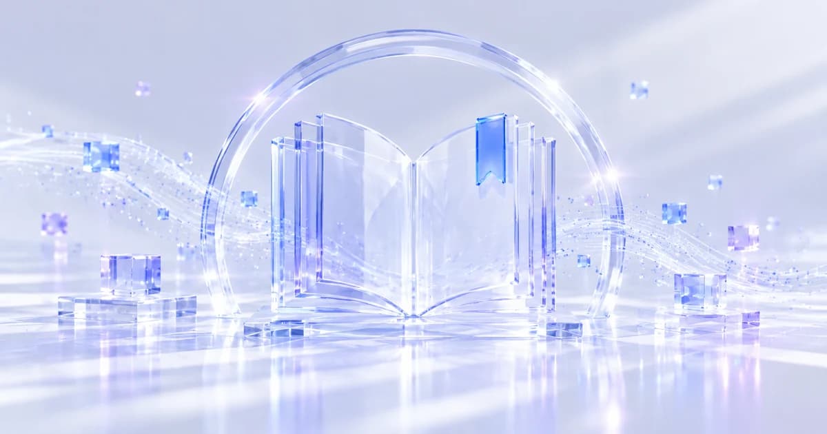 Translucent glass book pages beneath a clear circular arch, with a small blue glass bookmark.