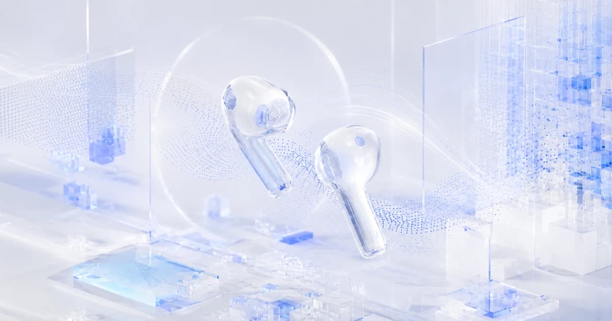 Floating translucent earpieces among clear panels and blue data patterns.