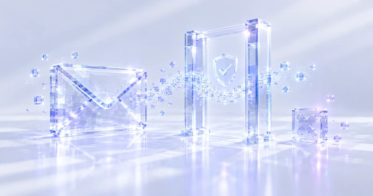 Glass envelope beside a transparent permission gate and stop block.