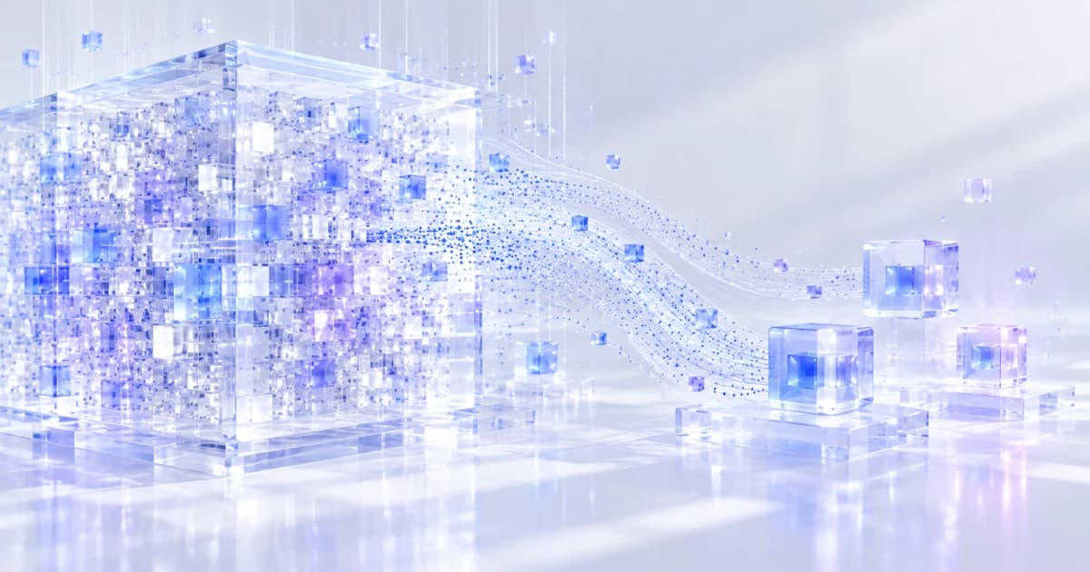 Large glass data cube linked to smaller task cubes by soft blue light.