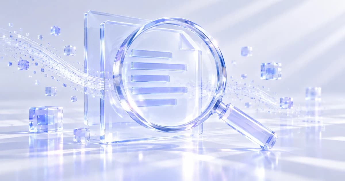 Blank glass document card behind a clear verification lens.