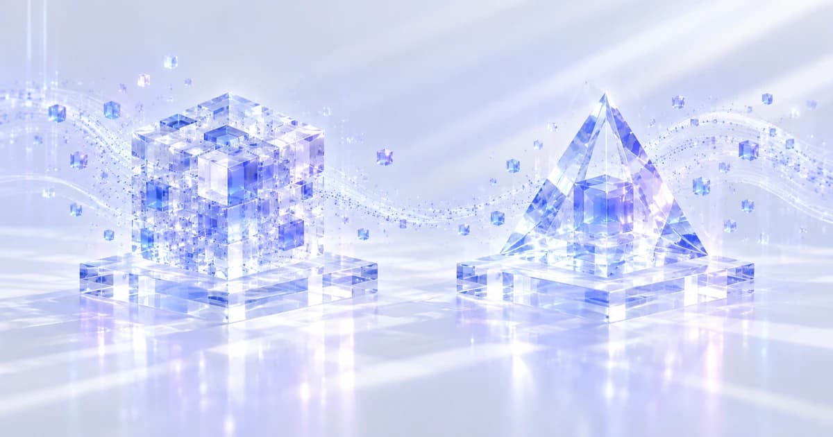 Two translucent glass forms, a cube and a triangular prism, linked by blue particles.