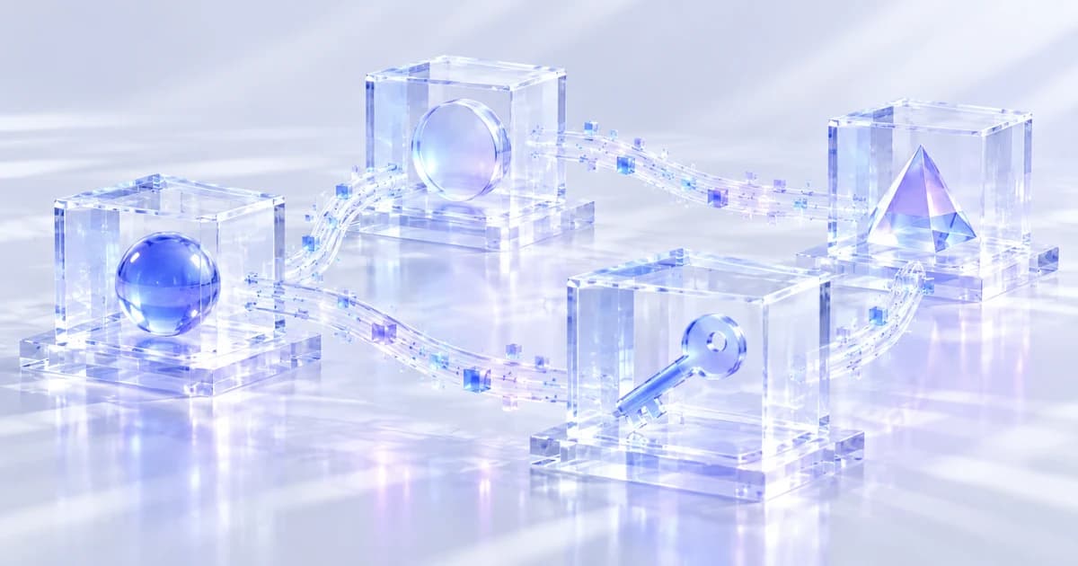 Four glass chambers linked by blue filaments contain a sphere, disc, prism and key.