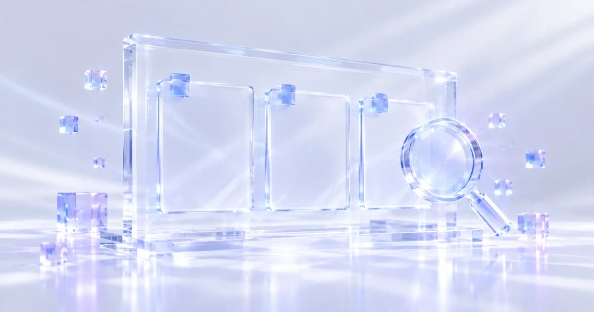 Blank glass announcement cards inside a presentation frame beside a verification lens.