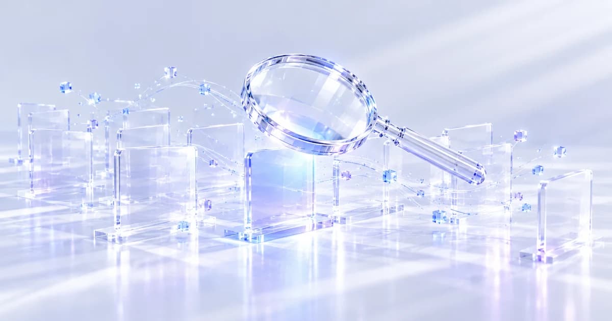 A clear glass magnifying lens above upright translucent panels, with one panel illuminated blue.