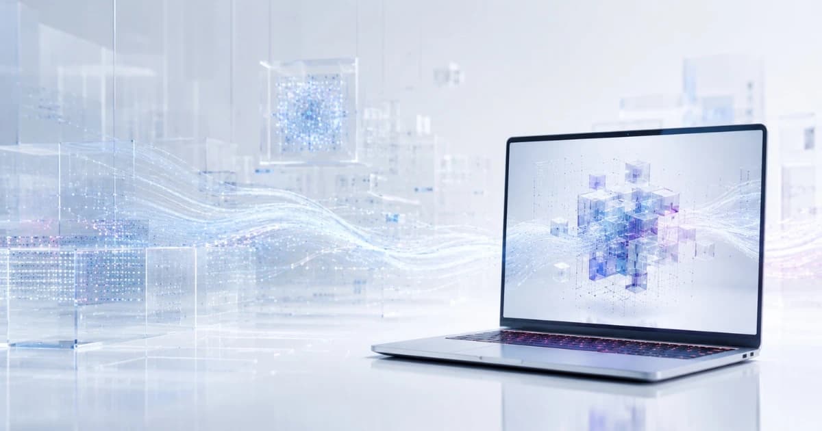 Laptop displaying abstract glass data cubes within a pale translucent workspace.
