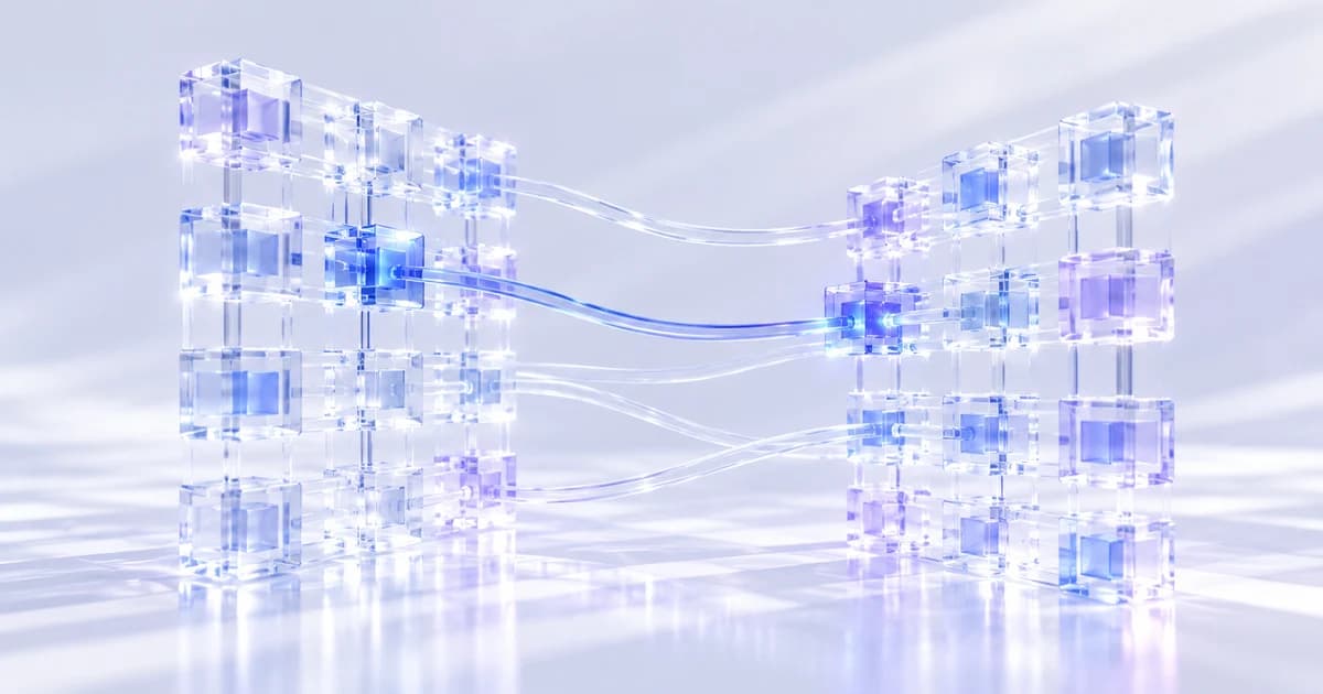 Two angled translucent glass grids connected by thin clear bridges and a blue connector.