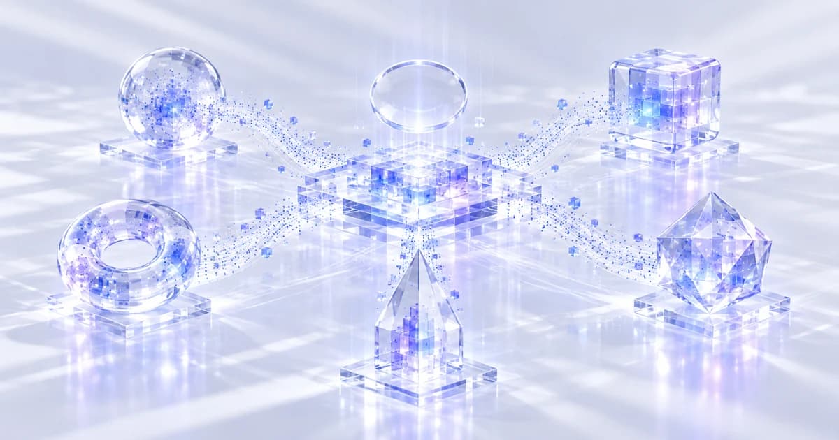 Five distinct glass geometric cores connect to a central clear platform and review lens.