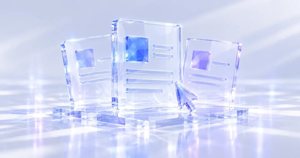 Three clear glass panels in a fan on a transparent platform, with a cobalt square and a clear cursor-shaped pointer.