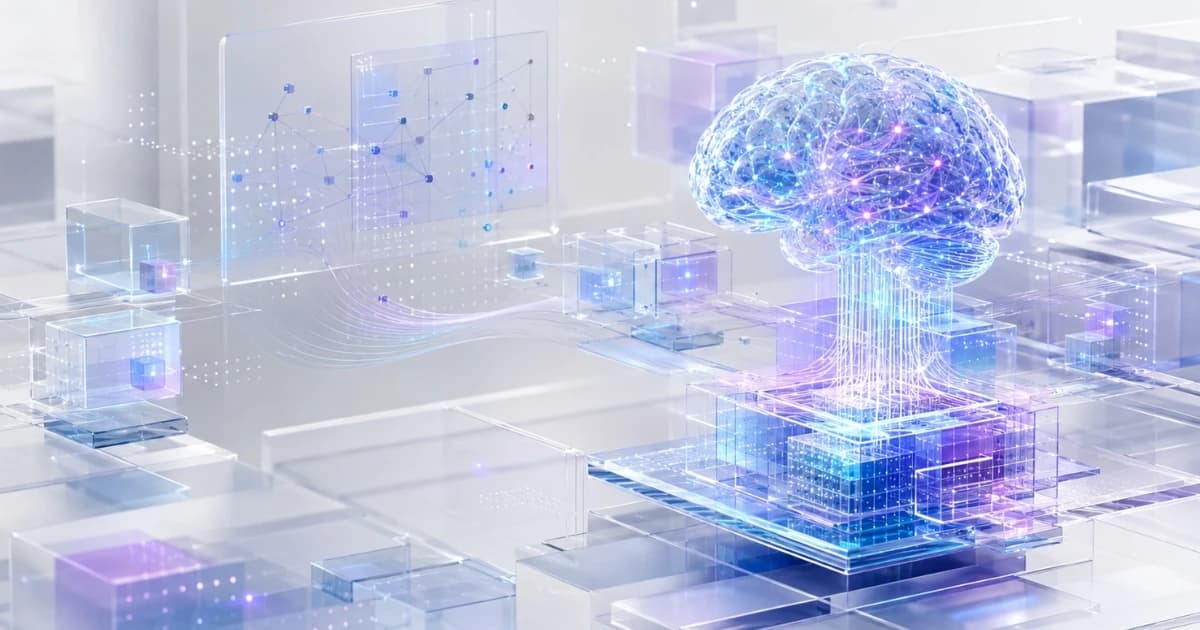 Luminous glass brain linked to clear data panels and layered processing blocks.