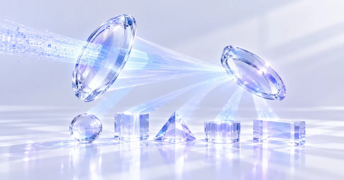 Two tilted glass lenses cast blue light across a sphere, cube, pyramid, cylinder and rectangular block.