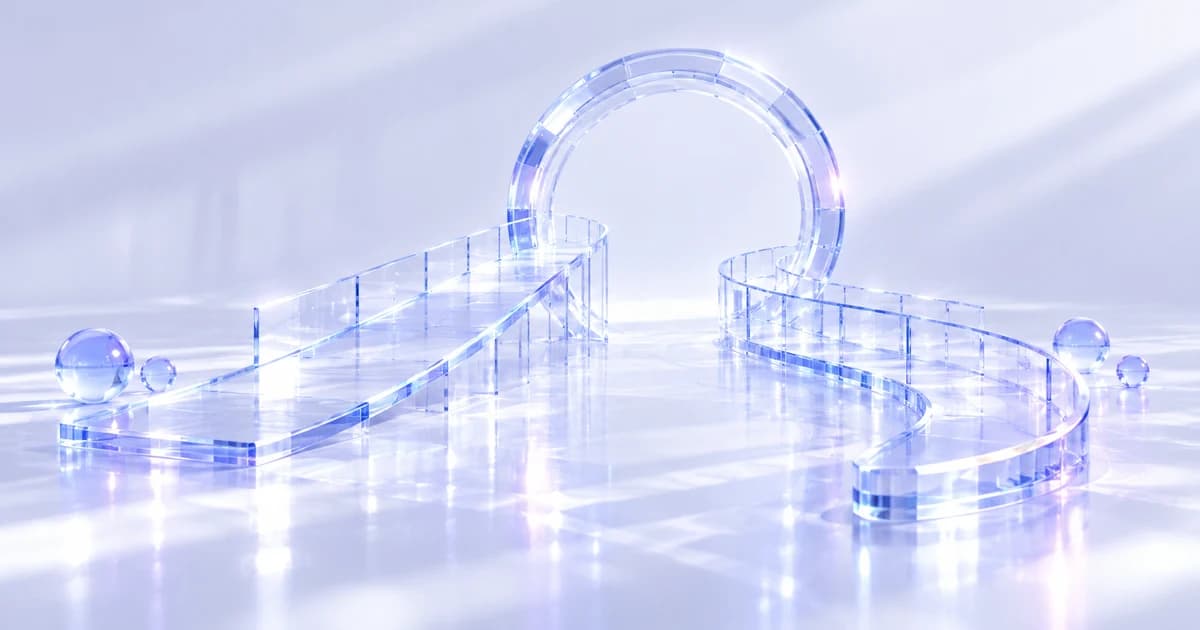 A straight glass path and a curved glass path lead towards a circular arch, with blue glass spheres beside them.