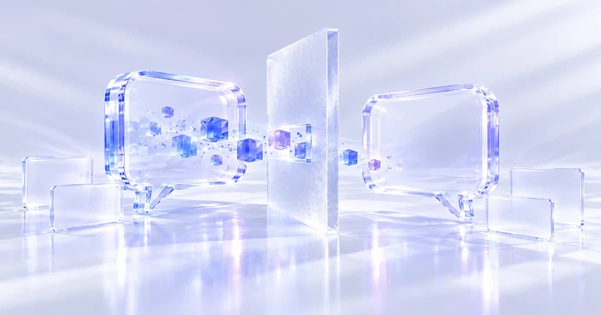 Empty glass speech forms separated by a frosted divider, with blue geometric pieces beside clear panels.