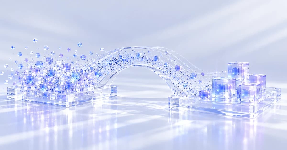 A clear glass bridge carries blue particles between two platforms of translucent cubes.