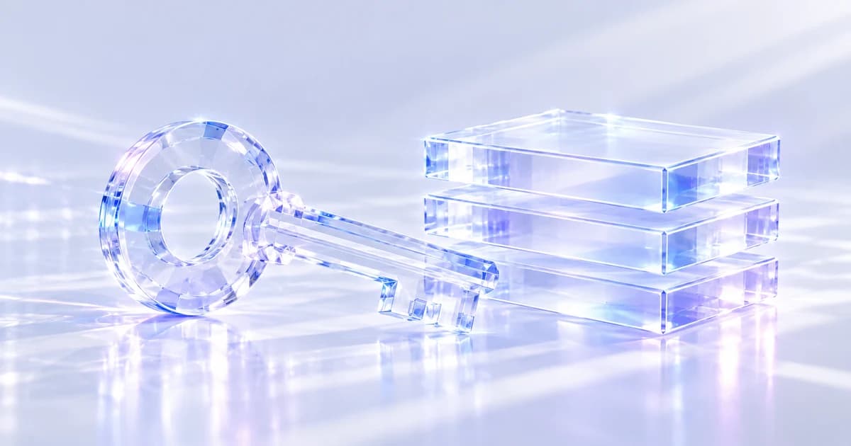 A clear glass key lies beside three stacked glass slabs on a pale reflective surface.