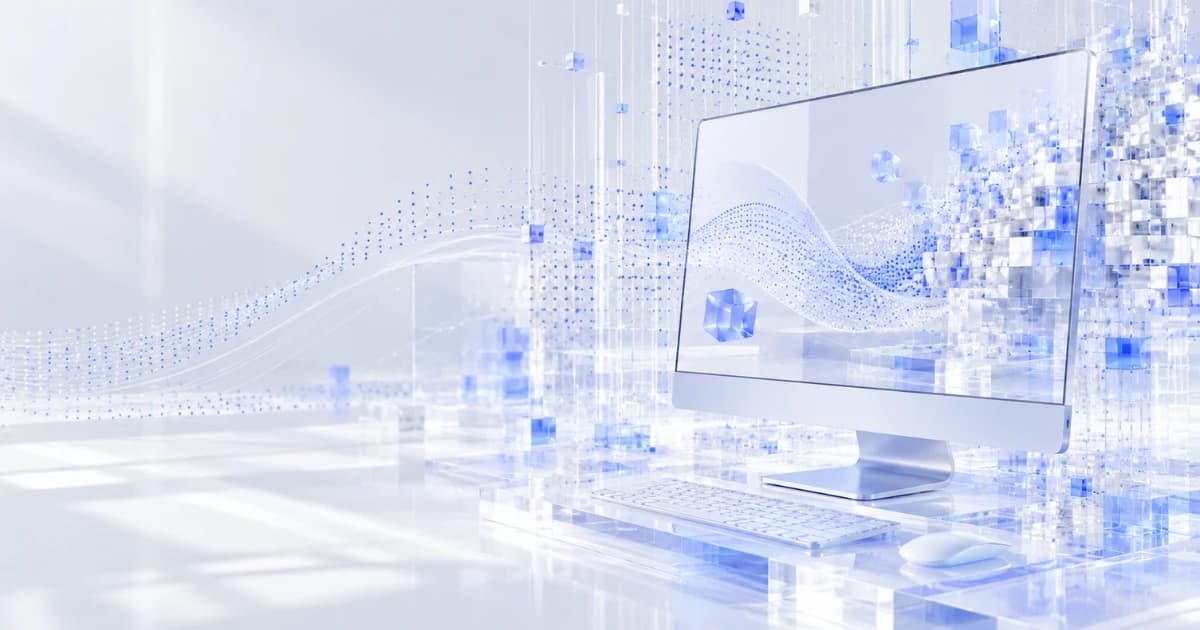 Desktop computer among clear panels and flowing blue data cubes.