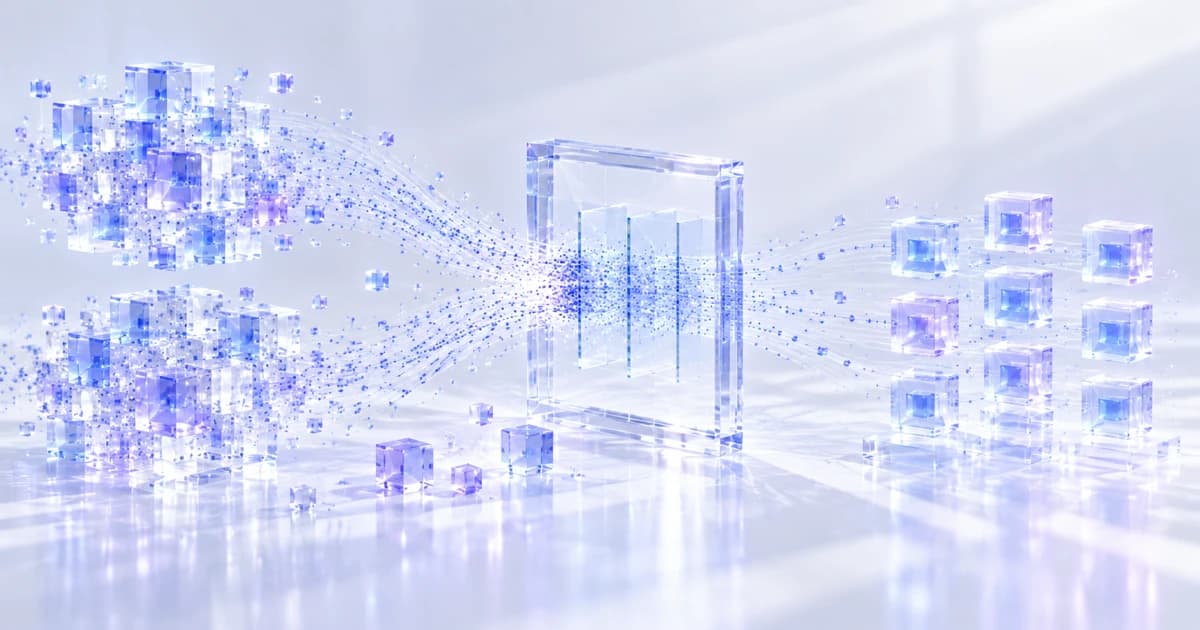 Scattered glass data cubes passing through a clear review frame into organised blocks.