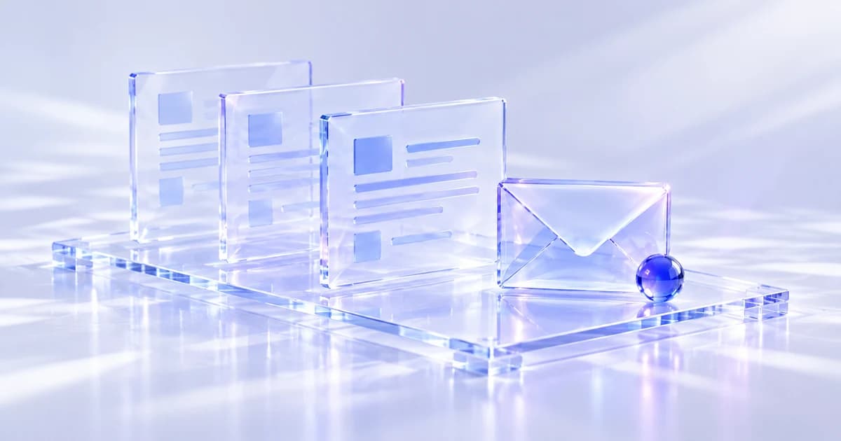 A clear glass drafting board with layered translucent sheets, an envelope and a small cobalt sphere.