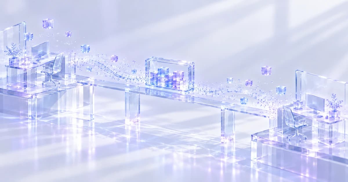 Glass workspaces joined by a clear bridge and flowing blue task cubes.
