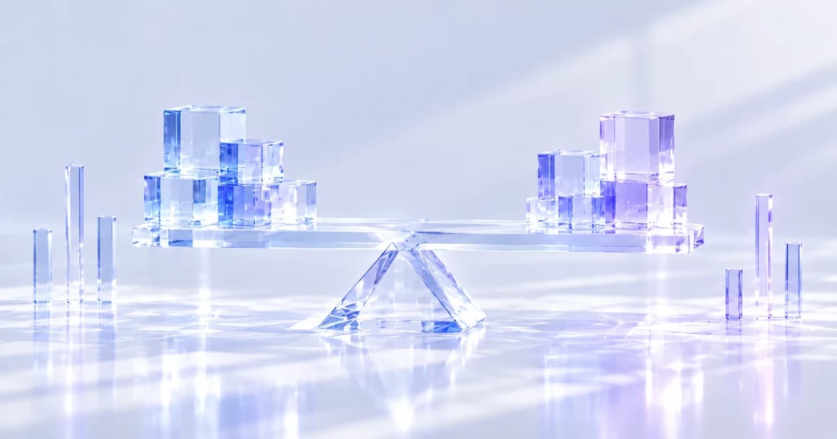 A clear glass balance beam with different glass blocks and upright rods on a pale background.