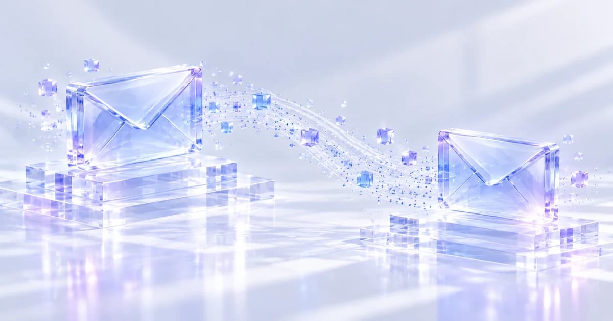 Two translucent glass envelopes on stepped plinths, joined by a fine curved glass path on a pale background.